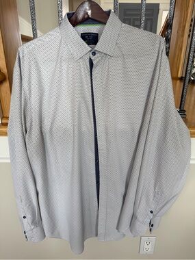 Society Of Threads White Dress Shirt with Navy Trim and Navy Dots